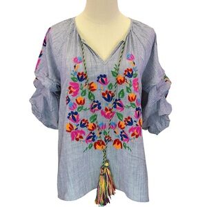 See And Be Seen Women's Blue Striped Floral Embroidered Boho Tassel Top Size S